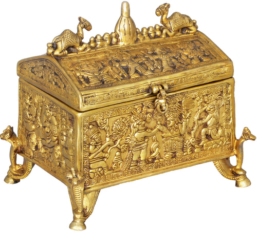 11" Handmade Brass Tribal Treasure Box with Decorative Figures