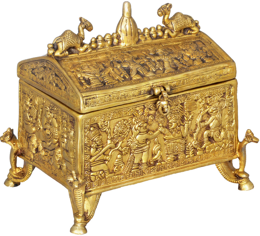 11" Handmade Brass Tribal Treasure Box with Decorative Figures