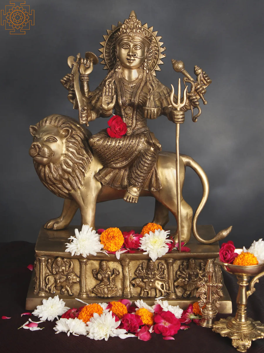 23" Ten Armed Durga Simhavahini Brass Statue with Ashta-Devi Base