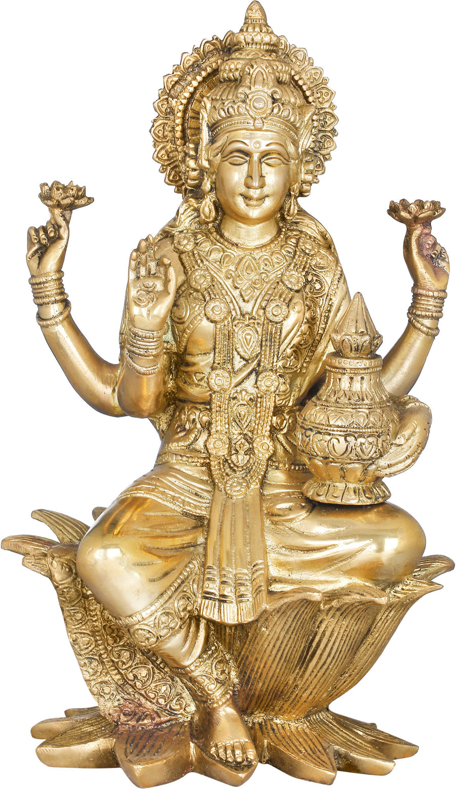 12" Handmade Brass Goddess Lakshmi Idol with Wealth Pot