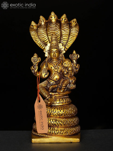 5" Lord Vishnu Brass Idol with Goddess Lakshmi Seated on Sheshanaga