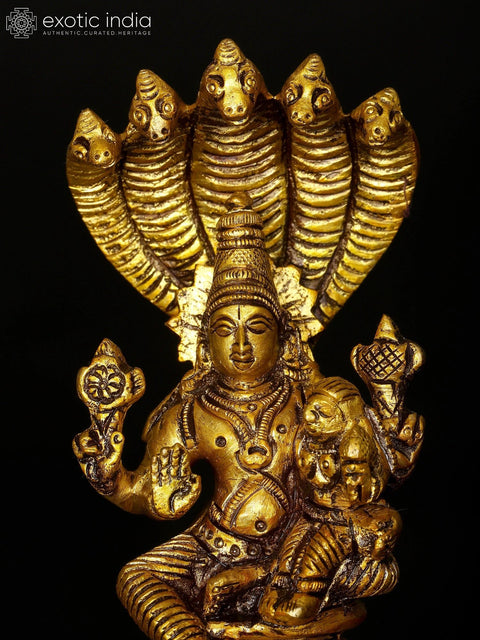 5" Lord Vishnu Brass Idol with Goddess Lakshmi Seated on Sheshanaga