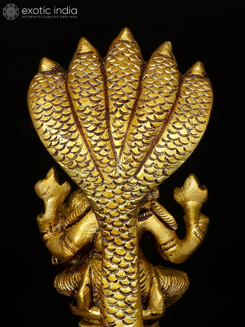 5" Lord Vishnu Brass Idol with Goddess Lakshmi Seated on Sheshanaga