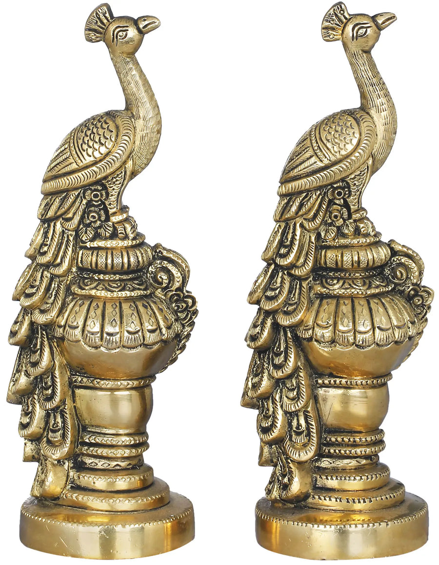 7" Pair of Peacocks Brass Figurine Handmade Home Decor