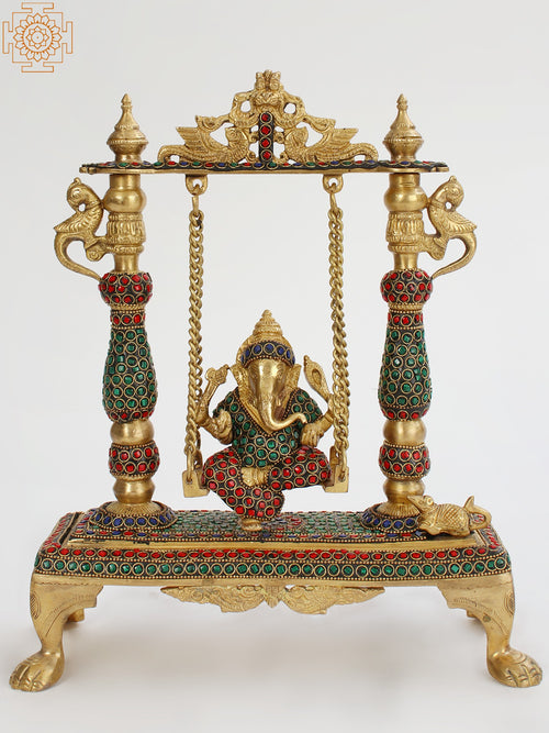 13" Lord Ganesha on Swing Brass Statue for Home Decor