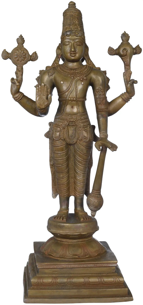 19" Lord Vishnu Brass Statue Handmade for Home Pooja