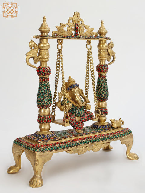 13" Lord Ganesha on a Swing In Brass