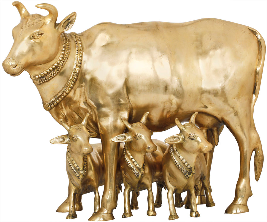 22" Brass Mother Cow With Calves Handmade Statue
