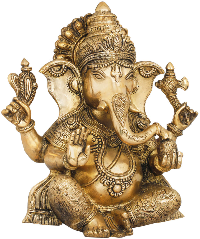 12" Ashirwad Ganesha Brass Idol with Carved Vastra - Handmade