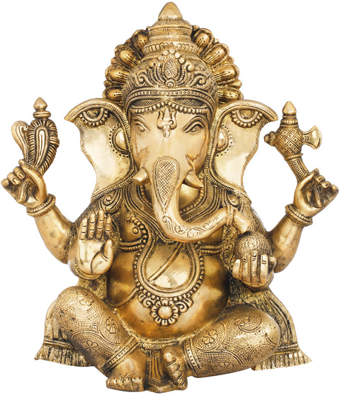 12" Ashirwad Ganesha Wearing Carved Vastra In Brass | Handmade | Made In India