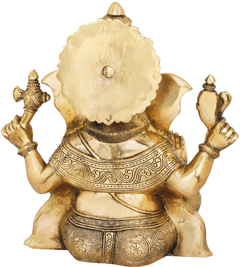 12" Ashirwad Ganesha Wearing Carved Vastra In Brass | Handmade | Made In India