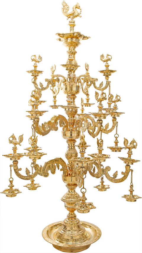 55" Tall, Resplendent Annam-Lamp with Gorgeous Etchings Along Base Rim, Stem and Branching Vines| Handmade Brass Diya