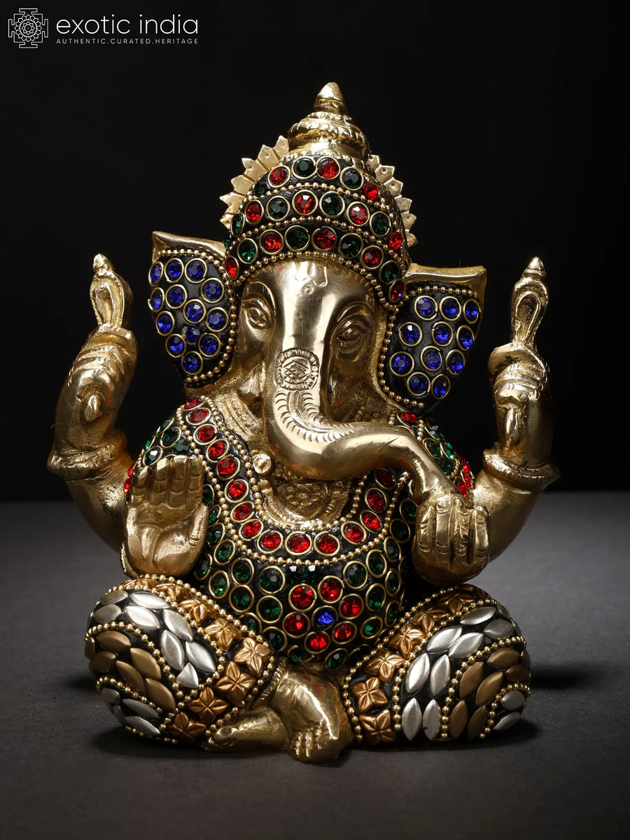 5" Crowned Ganesha Inlay Brass Statue for Pooja Handmade Hindu Idol
