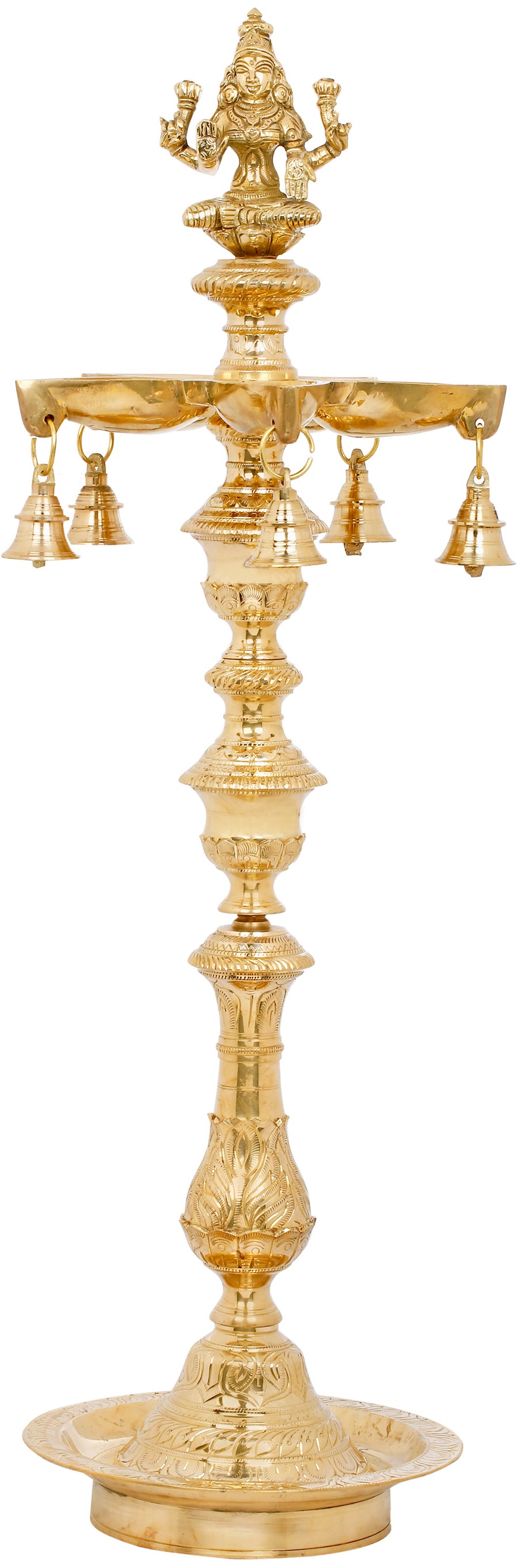 34" Brass Lakshmi Oil Lamp with Five Wicks Handmade