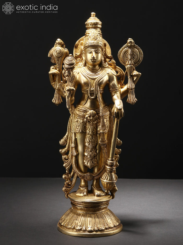 13" Four Armed Standing Lord Vishnu Brass Statue for Home Pooja