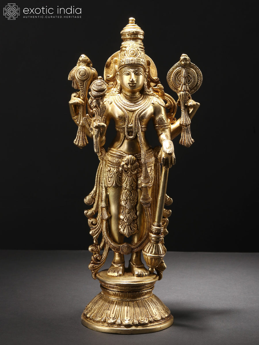 13" Four Armed Standing Lord Vishnu Brass Statue for Home Pooja