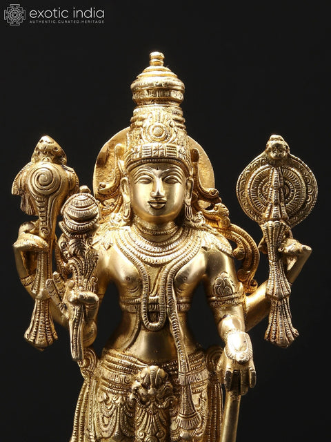 13" Four Armed Standing Lord Vishnu Brass Statue | Home Temple Murti