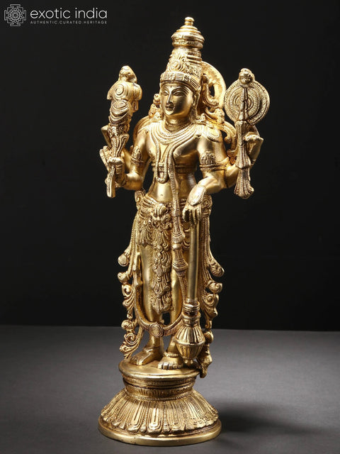 13" Four Armed Standing Lord Vishnu Brass Statue | Home Temple Murti
