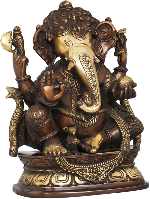 16" Seated Ganesha Holding Modak Brass Statue Handmade