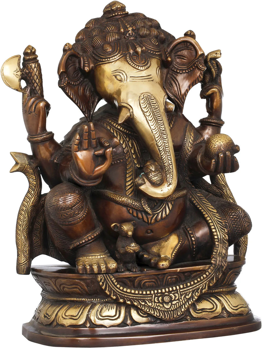 16" Seated Ganesha Holding Modak Brass Statue Handmade
