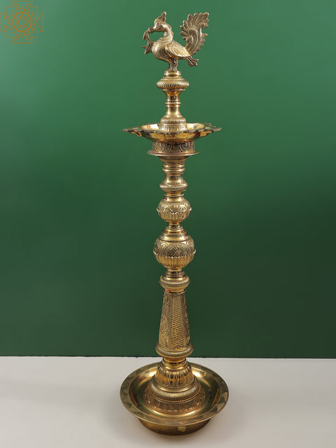 42" Superfine Engraved Peacock Lamp (Annam Lamp) Large Size in Brass