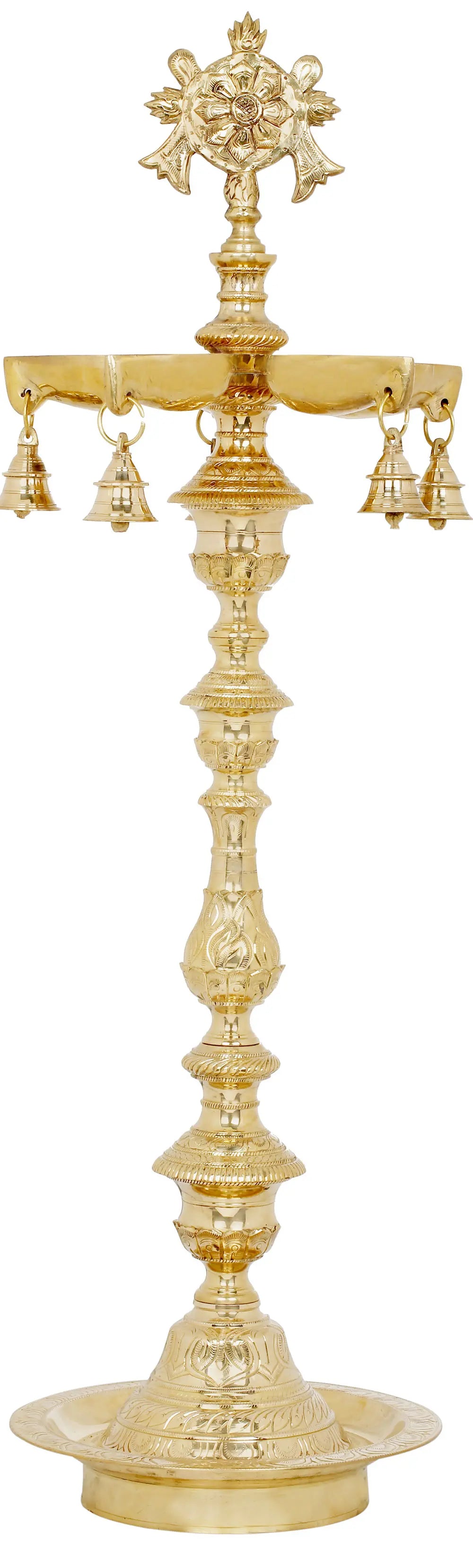 39" Large Brass Vaishnava Lamp with Chakra and Conch Symbols | Handmade | Made in India
