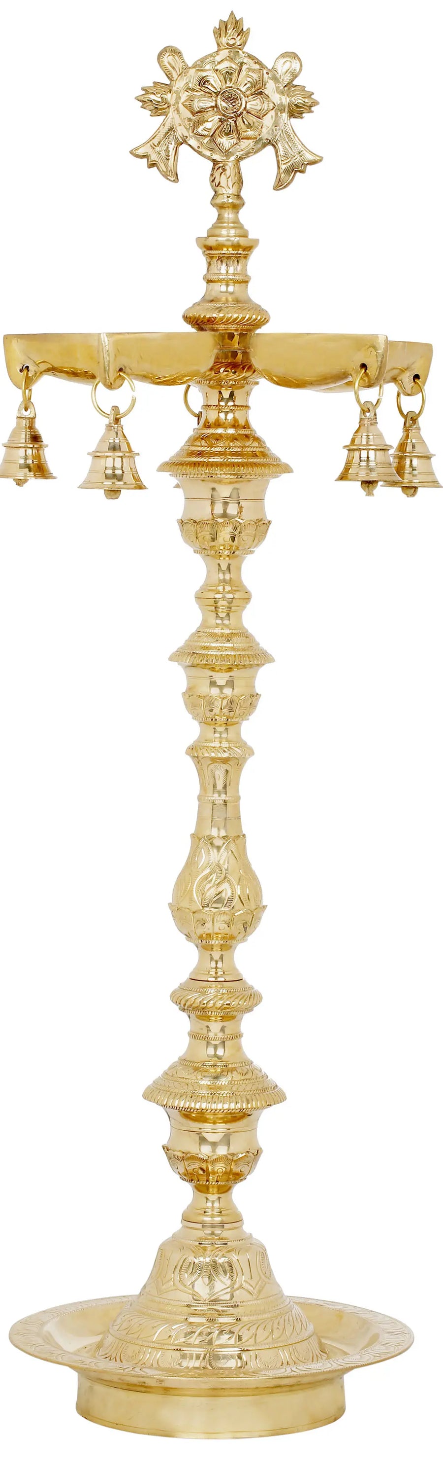 39" Large Brass Vaishnava Lamp with Chakra and Conch Symbols Handmade
