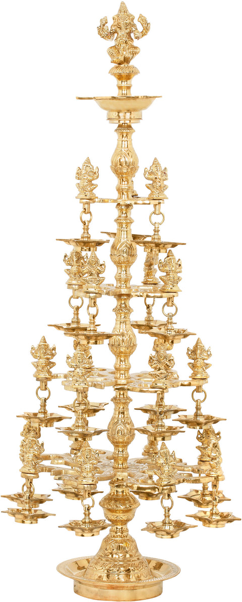 38" Multitude of Auspiciousness Large Brass Lamp with Twenty-Two Ganesha Idol