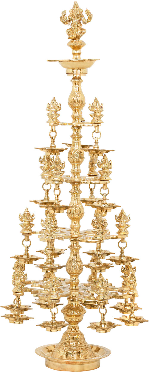 38" Large Brass Lamp with Twenty-Two Ganesha Idols for Pooja