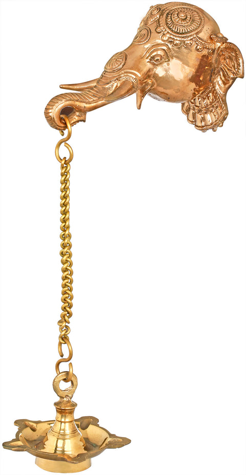 15" Ganesha Wall Hanging Mask with Hanging Lamp in Brass | Handmade | Made In India