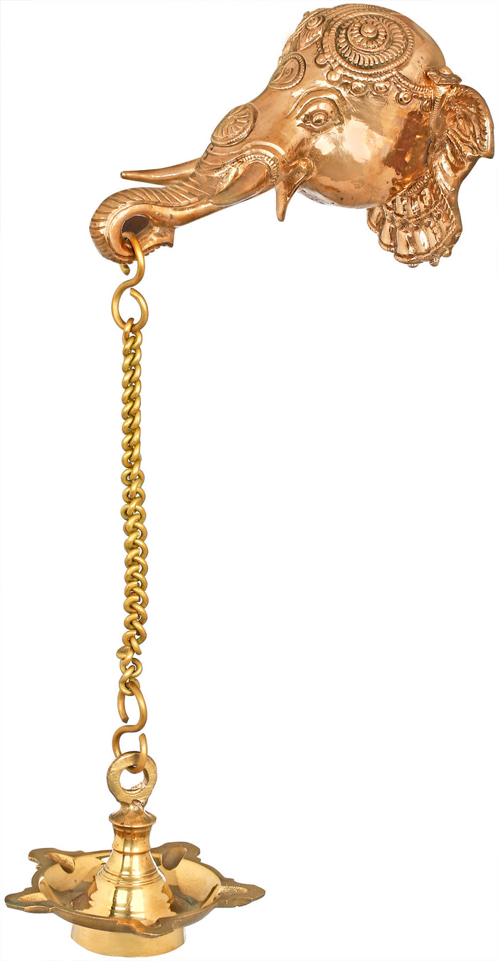 15" Ganesha Brass Wall Hanging Mask with Lamp