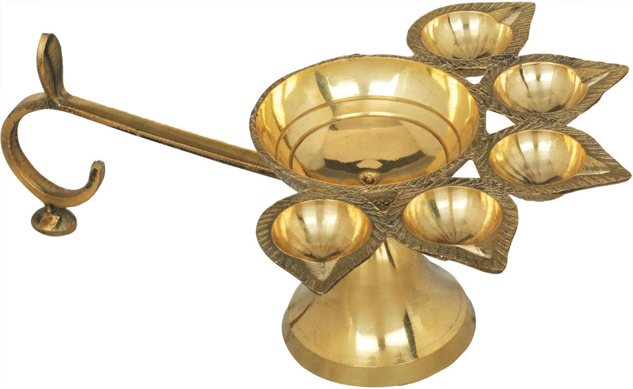 8" Handmade Brass Five Wicks Arti Lamp for Pooja