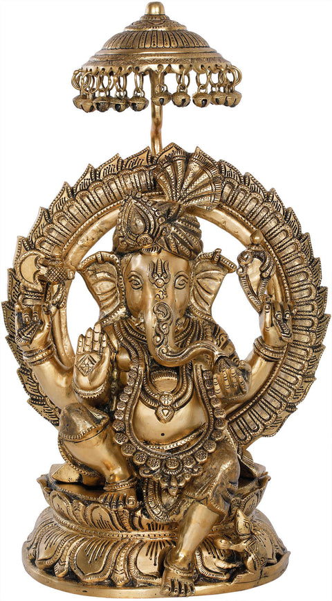 18" Fine Quality Turbaned Ganesha on Lotus Seat With Parasol Aureole In Brass | Handmade | Made In India
