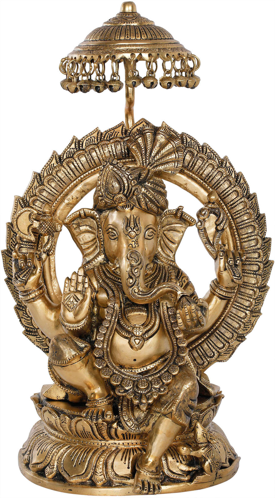 18" Handmade Brass Ganesha Statue on Lotus Seat with Parasol Aureole