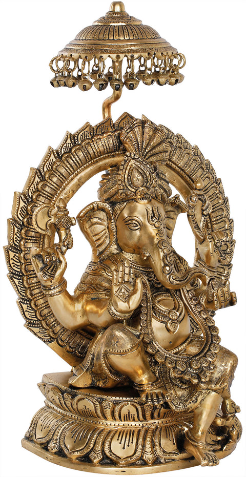 18" Fine Quality Turbaned Ganesha on Lotus Seat With Parasol Aureole In Brass | Handmade | Made In India