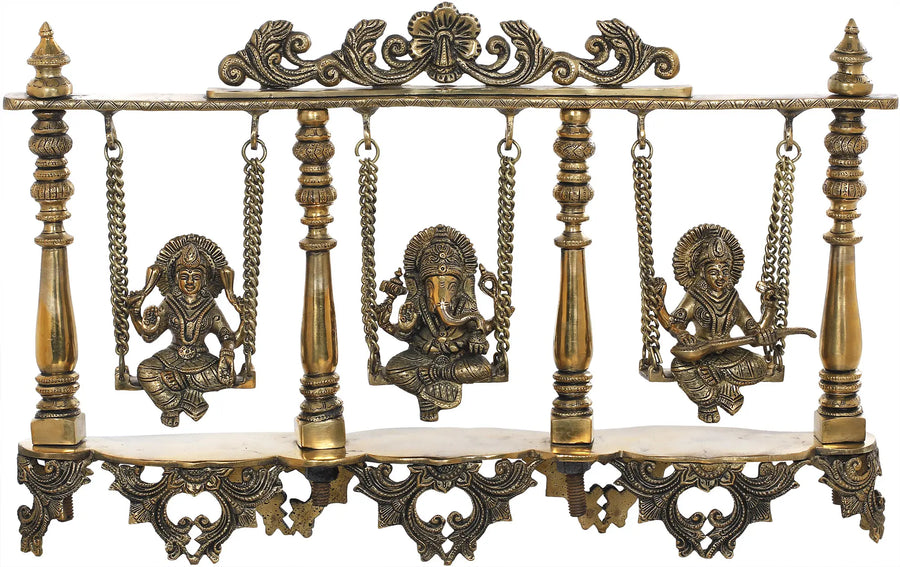 23" Brass Lakshmi Ganesha Saraswati Swing Statue Handmade
