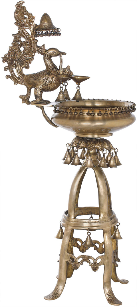 Large Peacock Lamp with Urli and Bells