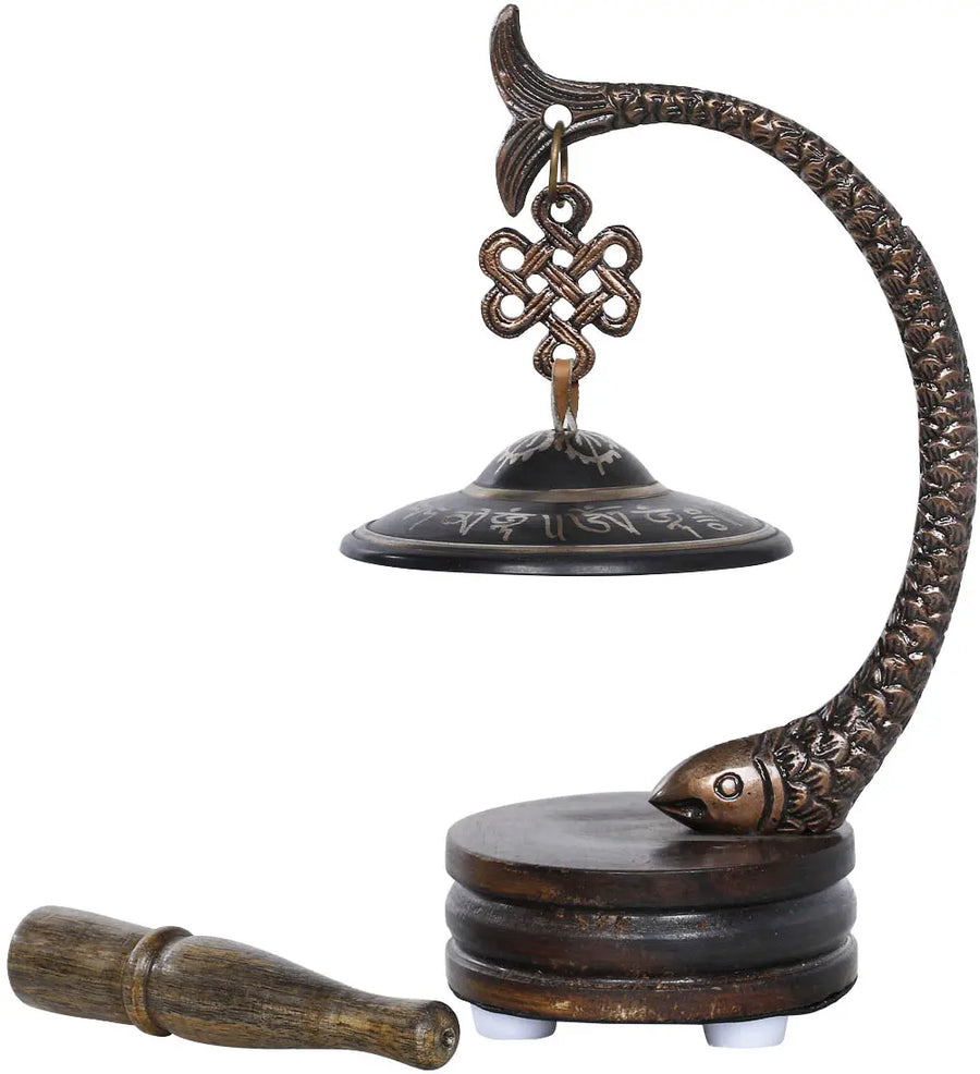 Endless Knot Brass Gong on Fish Stand Statue