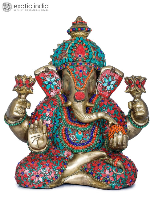 13" Lord Ganesha Holding Lotus Flowers Brass Handmade Idol