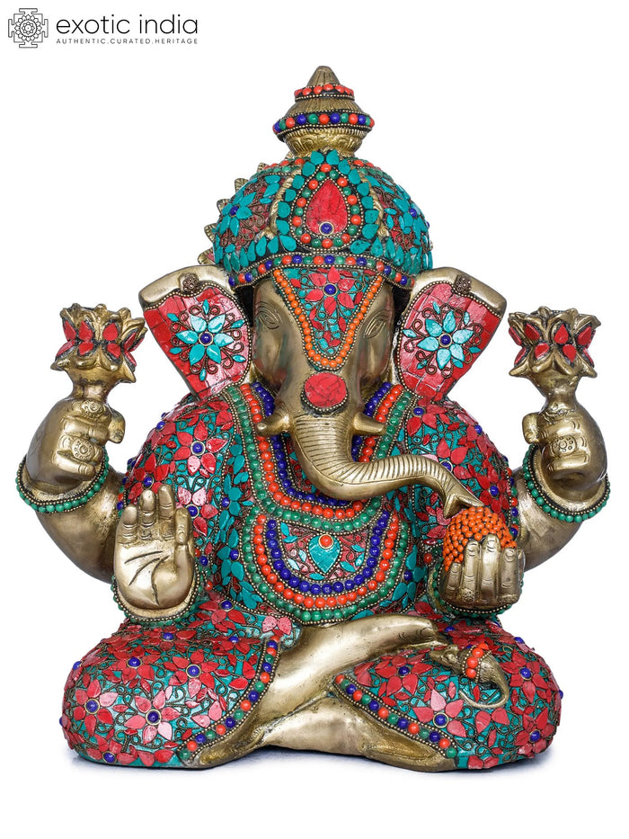 13" Lord Ganesha Holding Lotus Flowers Brass Handmade Idol