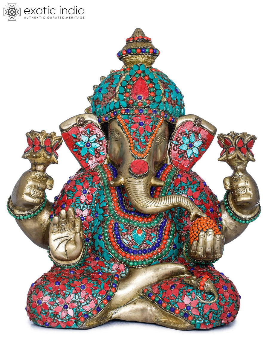 13" Lord Ganesha Holding Lotus Flowers Brass Handmade Idol