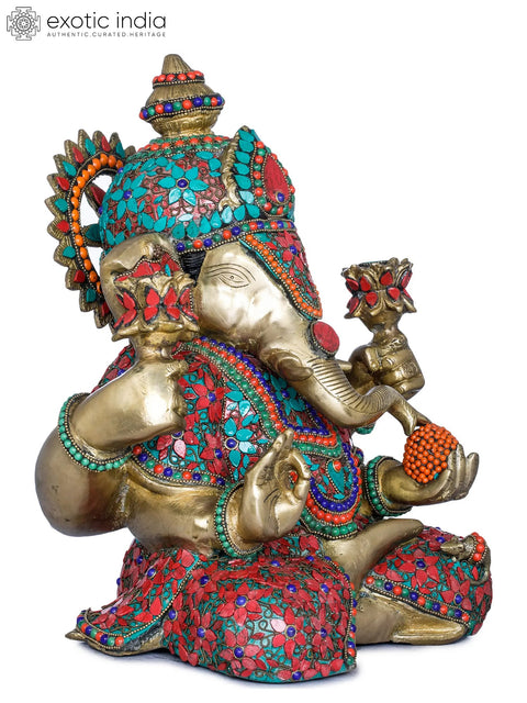 13" Lord Ganesha Holding Lotus Flowers in Hands In Brass | Handmade | Made In India
