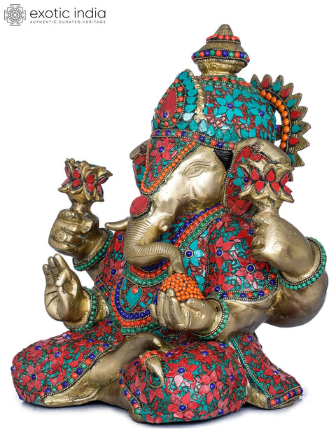 13" Lord Ganesha Holding Lotus Flowers in Hands In Brass | Handmade | Made In India