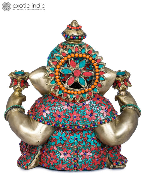 13" Lord Ganesha Holding Lotus Flowers in Hands In Brass | Handmade | Made In India