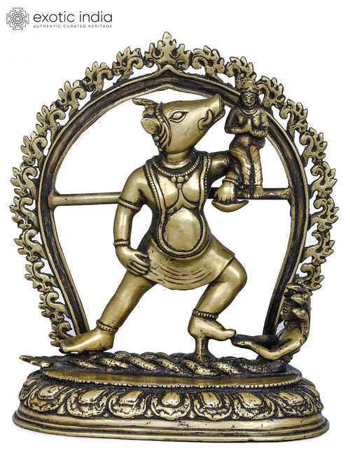 9" Handmade Bhu-Varaha Brass Statue Standing on Sheshanaga