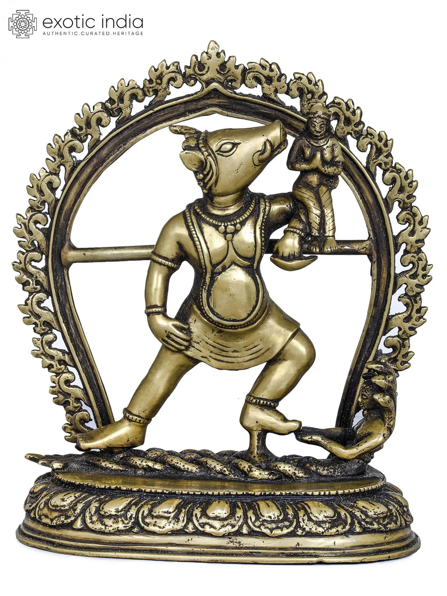9" Handmade Bhu-Varaha Brass Statue Standing on Sheshanaga