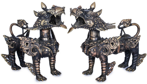 Nepalese Temple Lions Pair Brass Statue