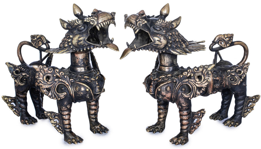 Nepalese Temple Lions Pair Brass Statue