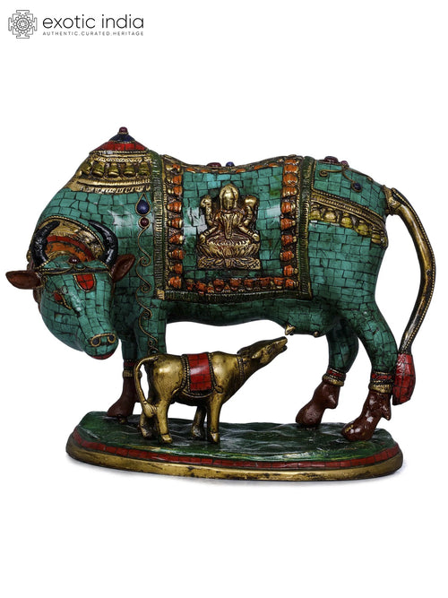 8" Brass Cow and Calf Statue with Lakshmi Ganesha Carving Handmade