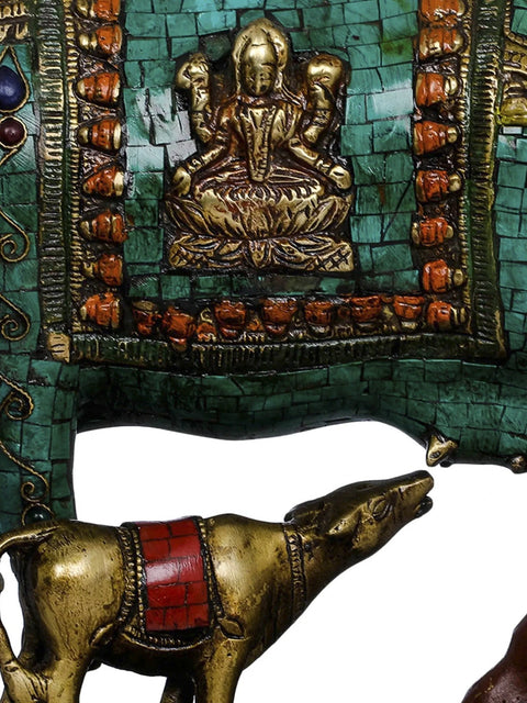 8" Cow and Calf - Lakshmi Ganesha Carved On Saddle In Brass | Handmade | Made In India